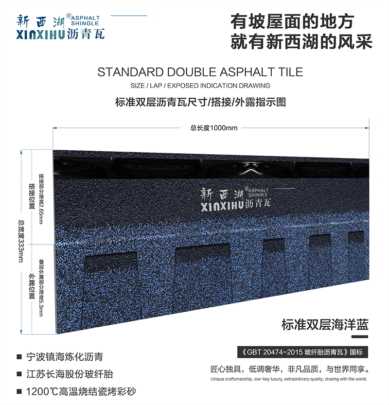 标准双层海洋蓝沥青瓦尺寸详解